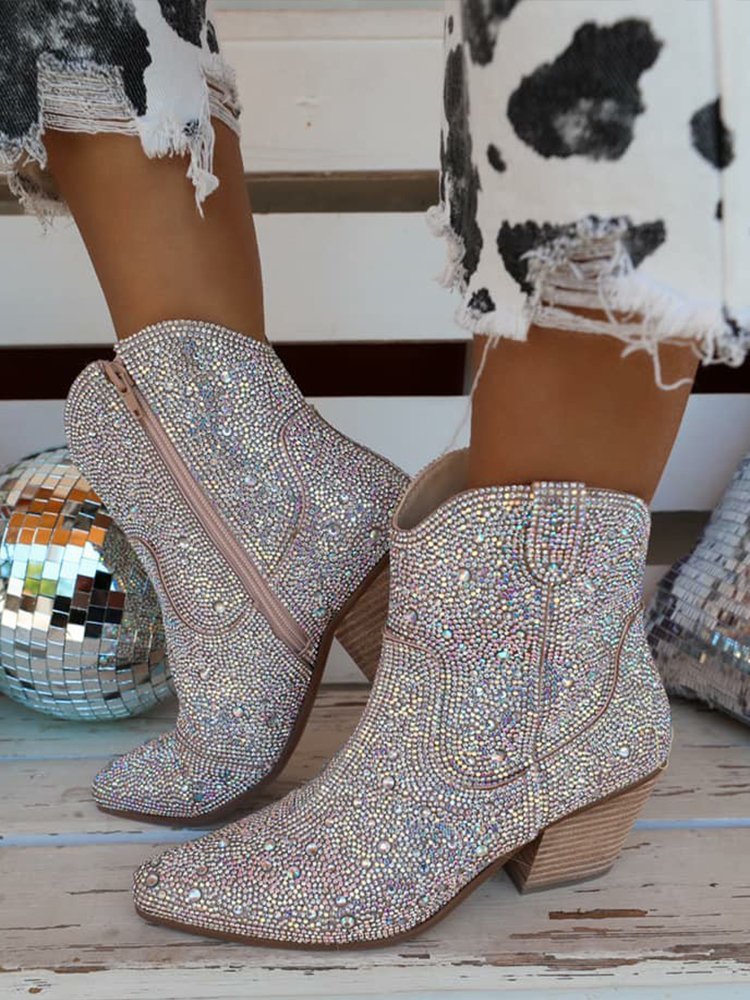 Pointed High Heel Chunky Heel Sequins Hot Rhinestone Fashion Plus Size Ankle Boots