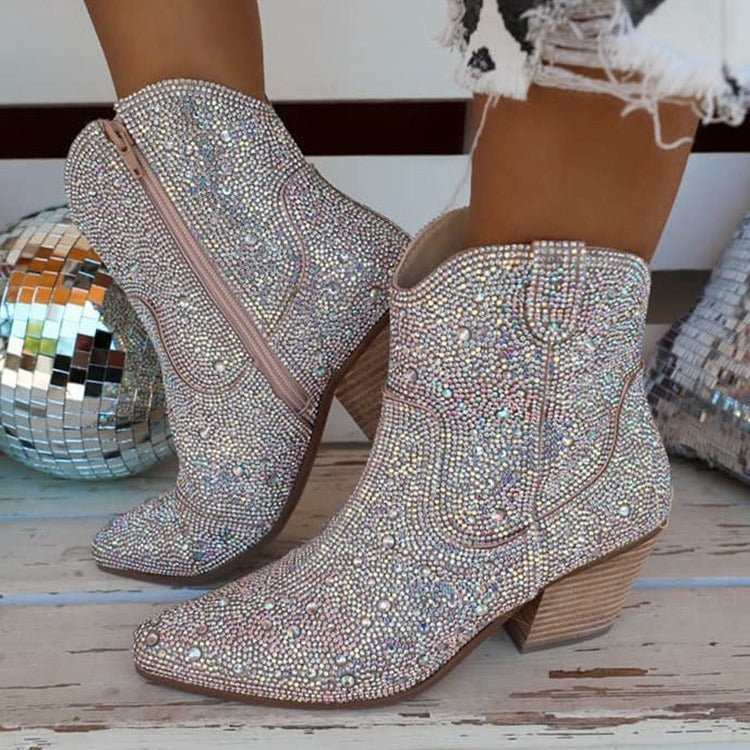 Pointed High Heel Chunky Heel Sequins Hot Rhinestone Fashion Plus Size Ankle Boots